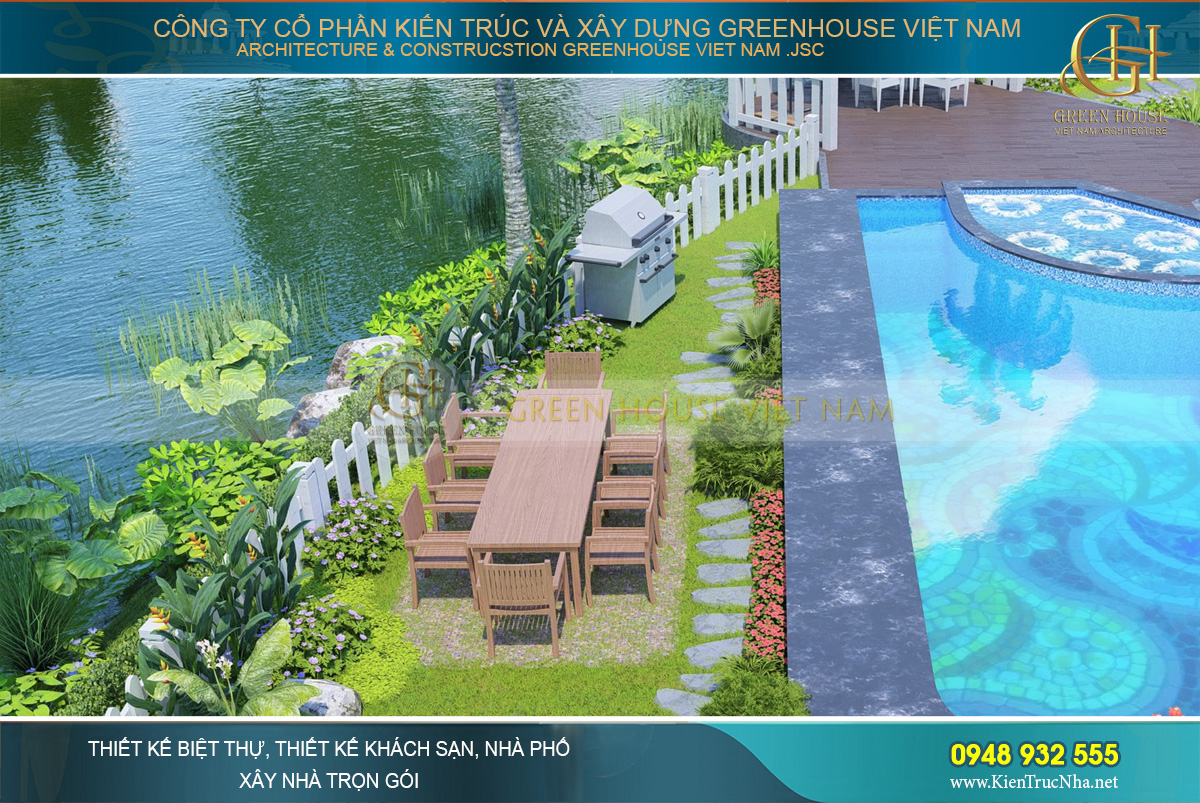 Hồ bơi ngoài trời của biệt thự được thiết kế hình chữ nhật bo tròn góc, có 1 khu vực bể sục massage đa năng