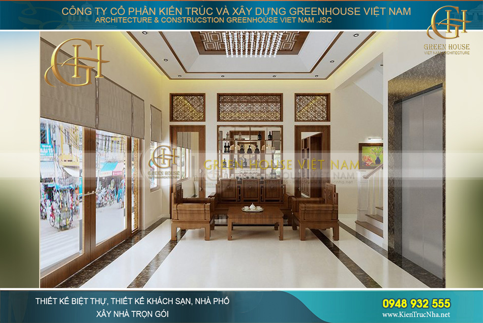 Thiết kế nội thất phòng khách biệt thự hiện đại 4 tầng mang nét Á Đông truyền thống