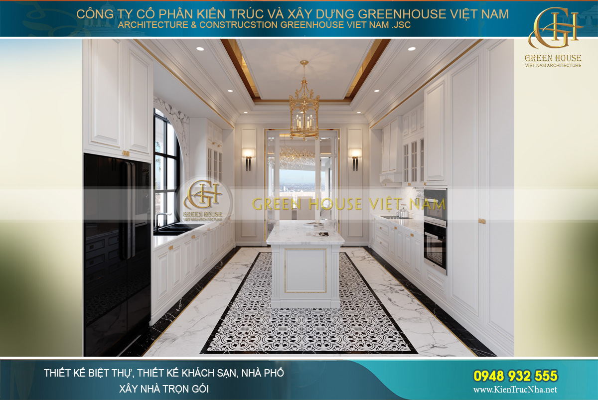 Phòng bếp được thiết kế với sắc trắng tinh khôi mà rực rỡ lộng lẫy cùng với những đường viền mạ vàng sang trọng