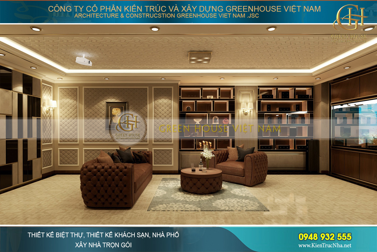 Những bức tường độc đáo, giá đựng đồ được thiết kế âm tường với hệ thống đèn chiếu sáng mang đến vẻ đẹp đẳng cấp cho căn phòng