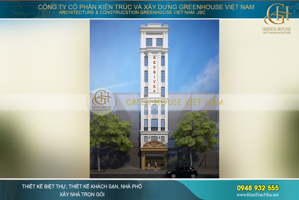 Toàn cảnh mặt tiền của kiến trúc khách sạn mini 8 tầng phong cách tân cổ điển tại Hà Nội