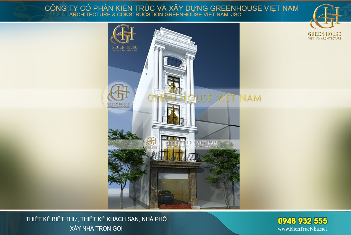 Tổng quan kiến trúc mặt tiền sang trọng của ngôi nhà phố 5 tầng tân cổ điển tại Hà Nội
